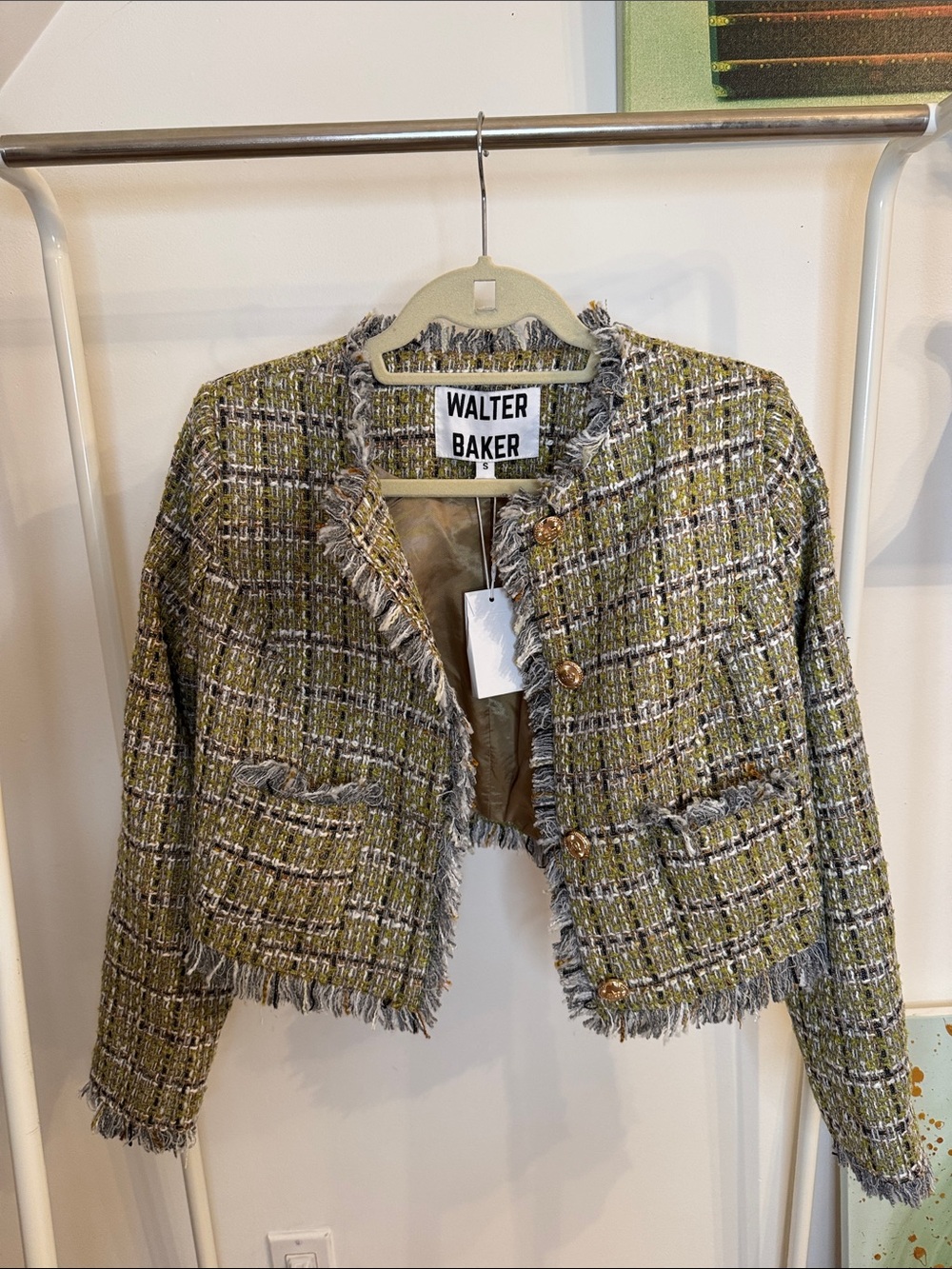 NWT Walter Baker Olive Grey + Tan Tweed Fringe Crop Jacket size S